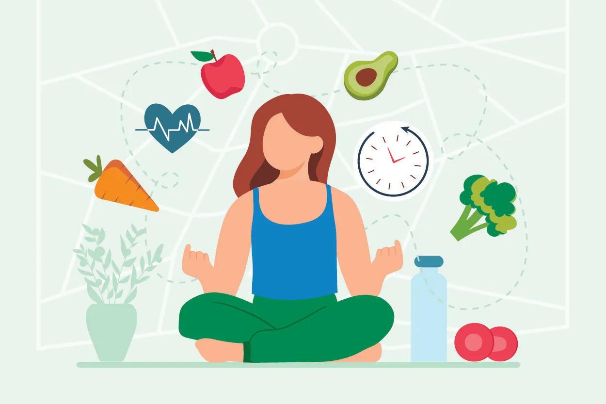 Illustration of woman sitting in meditative post and health foods in background.