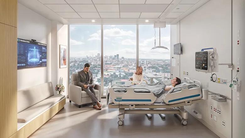 modern hospital room with a patient in bed with two visitors