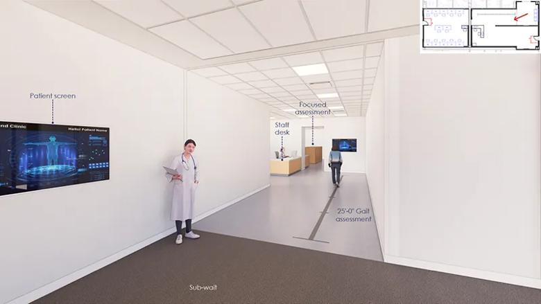 nurse at entrance of long hallway down which a person is walking